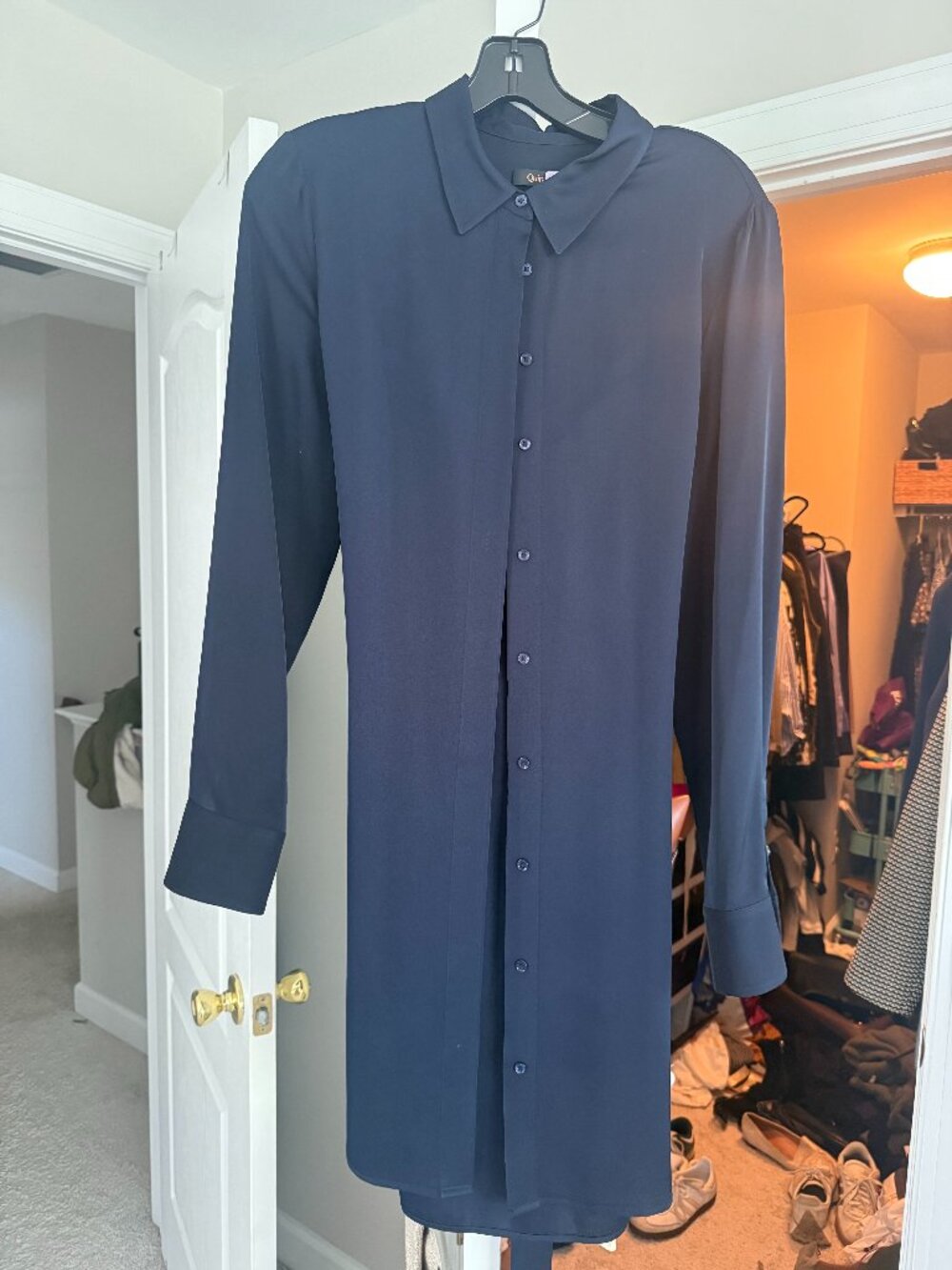 Quince Washable Stretch Silk Shirt Dress - L Navy